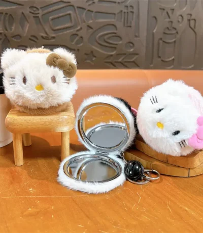 Plush Hello Kitty Mirror Bag Charm Keychain Cute Kawaii Plush Pendant With Hidden Double Sided Makeup Mirror