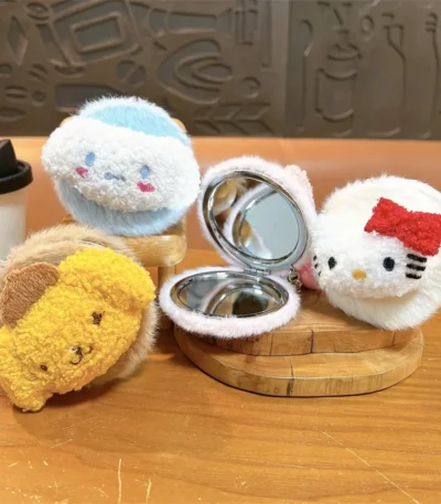 Kawaii Plush Character Mirror Bag Charm Keychain Cute Cartoon Plush Pendant With Hidden Makeup Mirror