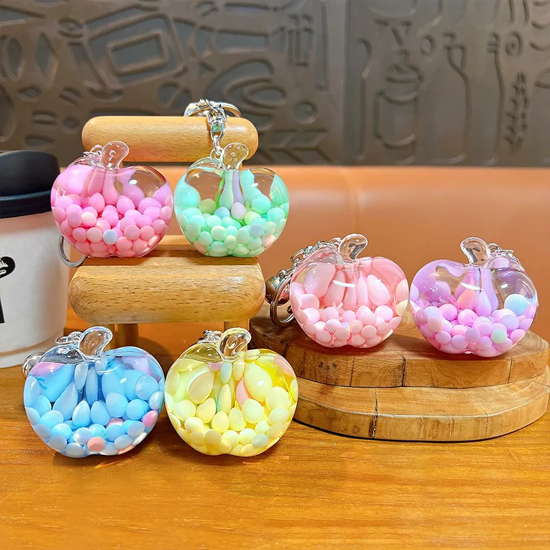 kawaii green apple oil filled keychain colorful foam beads bag charm wholesale