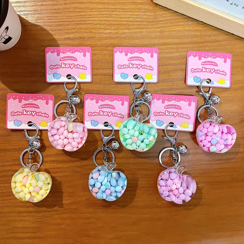 kawaii green apple oil filled keychain colorful foam beads bag charm wholesale