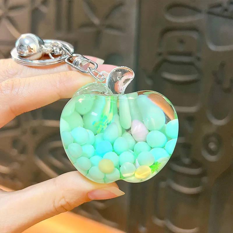 kawaii green apple oil filled keychain colorful foam beads bag charm wholesale