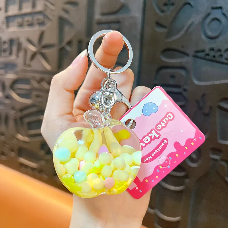 kawaii green apple oil filled keychain colorful foam beads bag charm wholesale