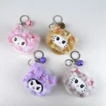 Kawaii Kuromi Plush Mirror Bag Charm Keychain Cartoon Plush Pendant With Foldable Double‑Sided Makeup Mirror And Bell