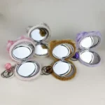 Kawaii Kuromi Plush Mirror Bag Charm Keychain Cartoon Plush Pendant With Foldable Double‑Sided Makeup Mirror And Bell