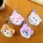 Kawaii Kuromi Plush Mirror Bag Charm Keychain Cartoon Plush Pendant With Foldable Double‑Sided Makeup Mirror And Bell