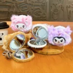 Kawaii Kuromi Plush Mirror Bag Charm Keychain Cartoon Plush Pendant With Foldable Double‑Sided Makeup Mirror And Bell