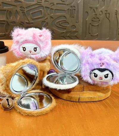 Kawaii Kuromi Plush Mirror Bag Charm Keychain Cartoon Plush Pendant With Foldable Double‑Sided Makeup Mirror And Bell
