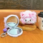 Kawaii Kuromi Plush Mirror Bag Charm Keychain Cartoon Plush Pendant With Foldable Double‑Sided Makeup Mirror And Bell