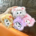 Kawaii Kuromi Plush Mirror Bag Charm Keychain Cartoon Plush Pendant With Foldable Double‑Sided Makeup Mirror And Bell