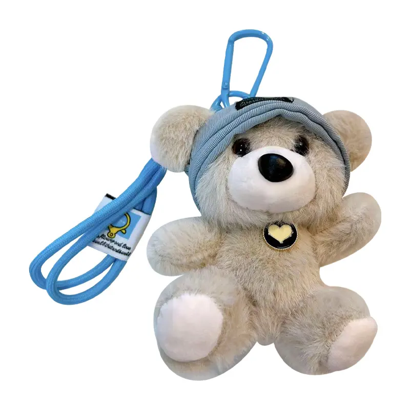 teddy bear hat plush keychain, soft stuffed animal bear backpack charm with lanyard
