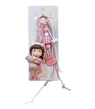 bear-hugging doll matching couple keychain, cute resin doll bag charm with braided lanyard