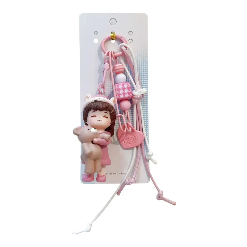 bear-hugging doll matching couple keychain, cute resin doll bag charm with braided lanyard