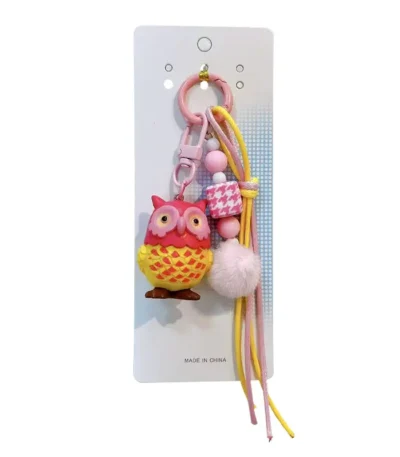 owl shaped lanyard keychain, cute beaded pom-pom owl bag charm for backpack