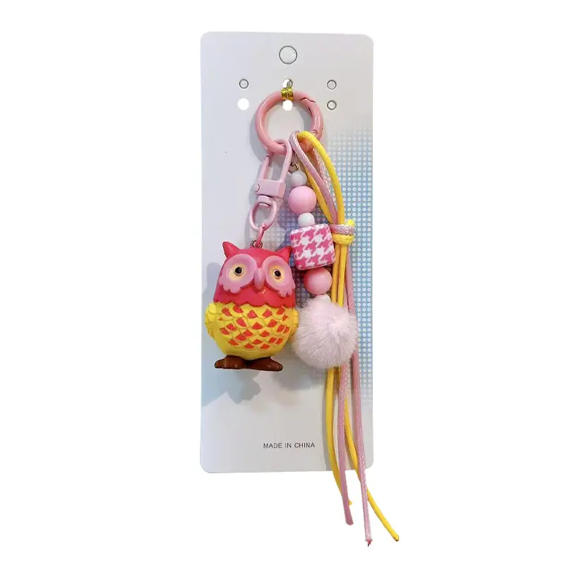 owl shaped lanyard keychain, cute beaded pom-pom owl bag charm for backpack