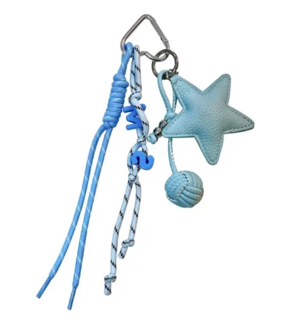 leather star bag keychain, minimalist braided lanyard star charm with woven ball ornament