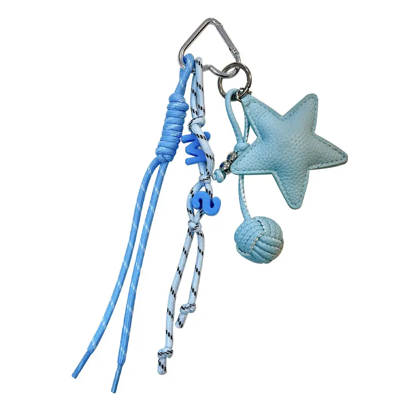 leather star bag keychain, minimalist braided lanyard star charm with woven ball ornament
