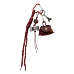 retro eiffel tower bag keychain, vintage woven lanyard with mini leather pouch bag charm