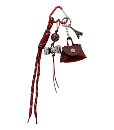 retro eiffel tower bag keychain, vintage woven lanyard with mini leather pouch bag charm