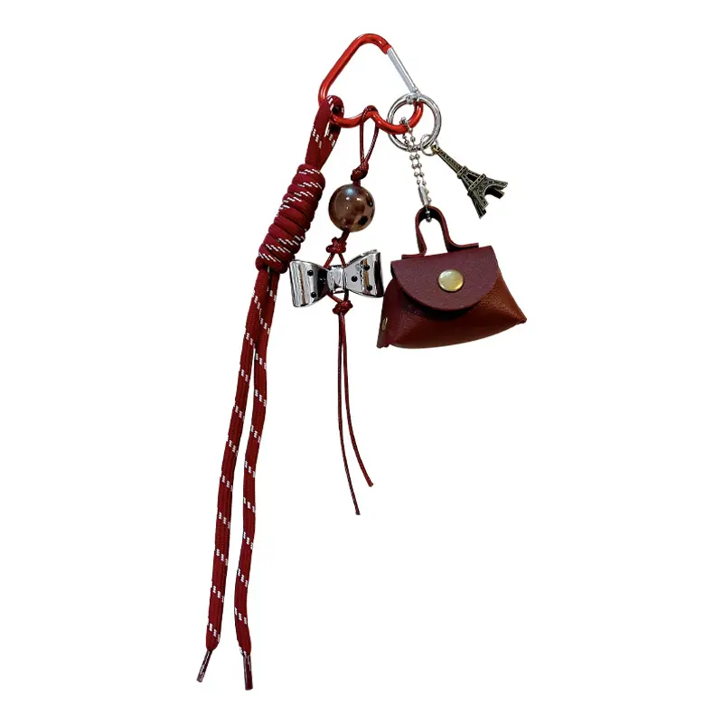 retro eiffel tower bag keychain, vintage woven lanyard with mini leather pouch bag charm