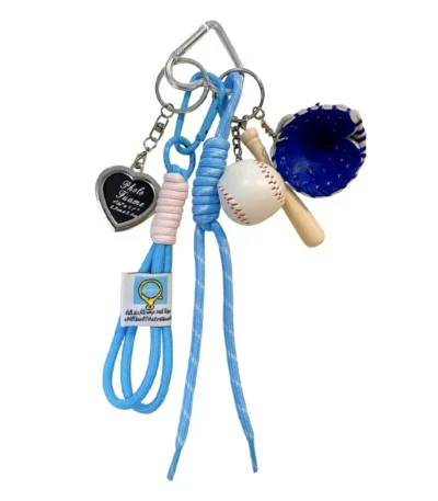 baseball fan sporty keychain, colorful woven rope bag charm with mini baseball bat and glove