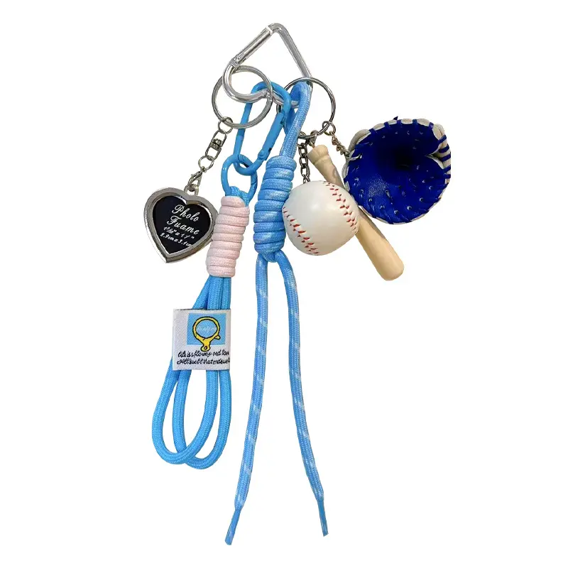 baseball fan sporty keychain, colorful woven rope bag charm with mini baseball bat and glove
