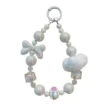 pearl crystal lanyard charm keychain, dreamy white beaded bag charm with bow and cloud ornament