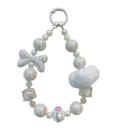 pearl crystal lanyard charm keychain, dreamy white beaded bag charm with bow and cloud ornament