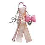 leather rope bowknot keychain, sweet ribbon tassel detachable bag charm with heart pendant