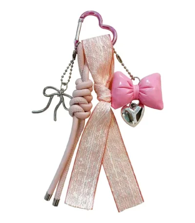 leather rope bowknot keychain, sweet ribbon tassel detachable bag charm with heart pendant