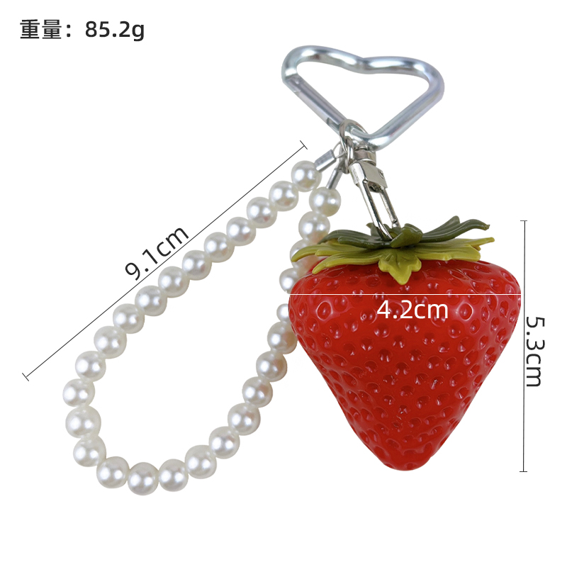 Cute large resin strawberry keychain with pearl chain and heart carabiner, fruit bag charm