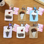 Plush Ice Cream Cone Mirror Keychain Kawaii Portable Makeup Mirror Phone Charm Cute Fluffy Bag Pendant