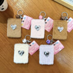 silver heart plush mirror keychain cute fluffy foldable makeup mirror bag charm with bell