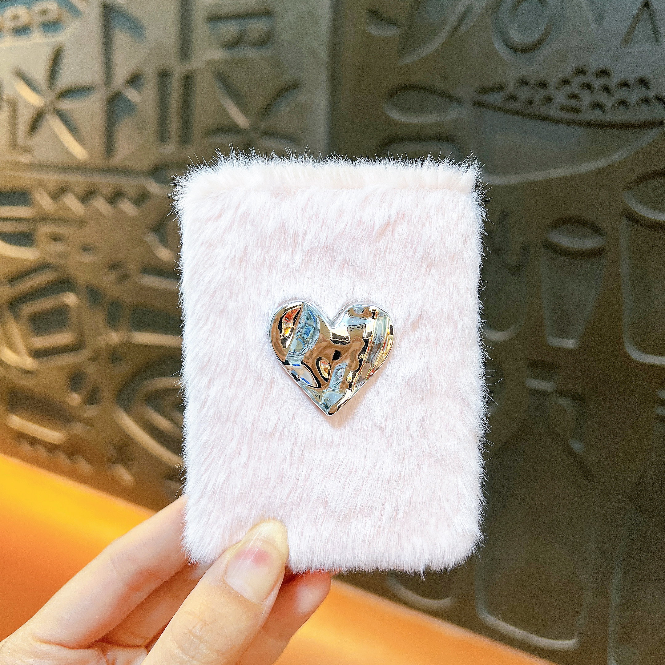 silver heart plush mirror keychain cute fluffy foldable makeup mirror bag charm with bell