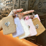 silver heart plush mirror keychain cute fluffy foldable makeup mirror bag charm with bell