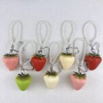Cute large resin strawberry keychain with pearl chain and heart carabiner, fruit bag charm
