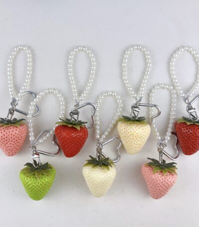Cute large resin strawberry keychain with pearl chain and heart carabiner, fruit bag charm