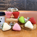 Cute large resin strawberry keychain with pearl chain and heart carabiner, fruit bag charm