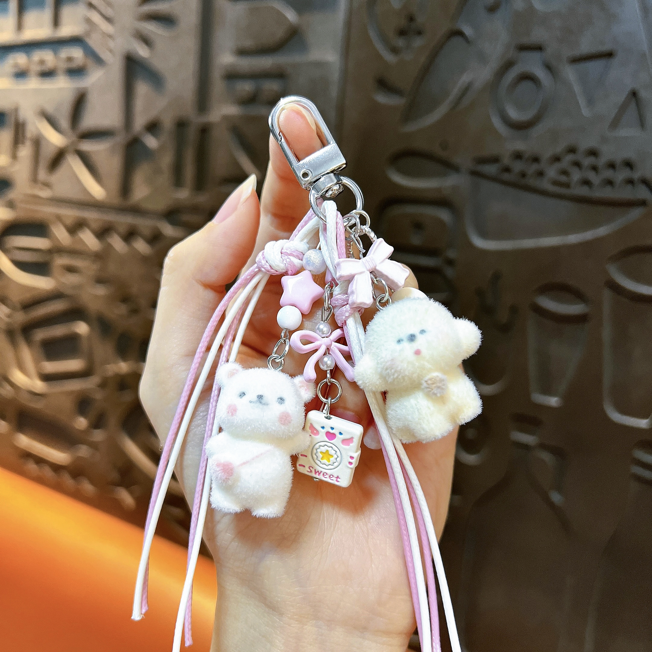 puppy bear keychain cute acrylic cartoon animal bag charm with star heart beads phone strap pendant