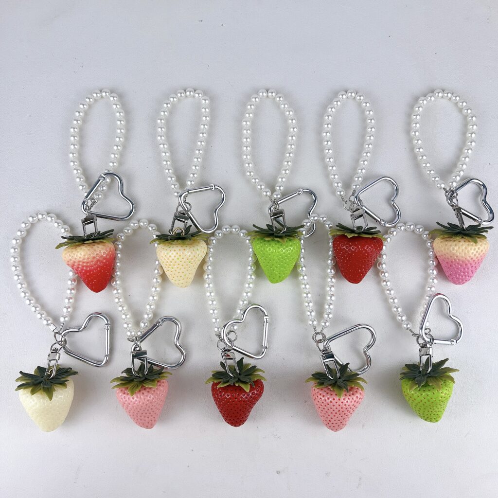 Cute gradient mini resin strawberry keychain with pearl chain, fruit bag charm