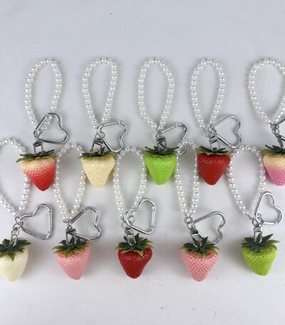 Cute gradient mini resin strawberry keychain with pearl chain, fruit bag charm