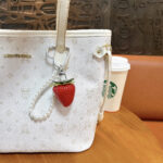 Cute gradient mini resin strawberry keychain with pearl chain, fruit bag charm