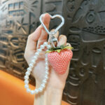 Cute gradient mini resin strawberry keychain with pearl chain, fruit bag charm