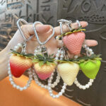 Cute gradient mini resin strawberry keychain with pearl chain, fruit bag charm