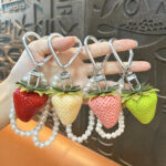 Cute gradient mini resin strawberry keychain with pearl chain, fruit bag charm