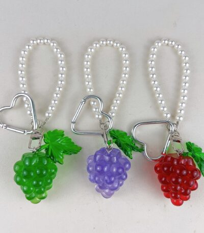 Cute transparent resin grape keychain with pearl chain and heart carabiner, fruit bag charm