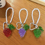 Cute transparent resin grape keychain with pearl chain and heart carabiner, fruit bag charm