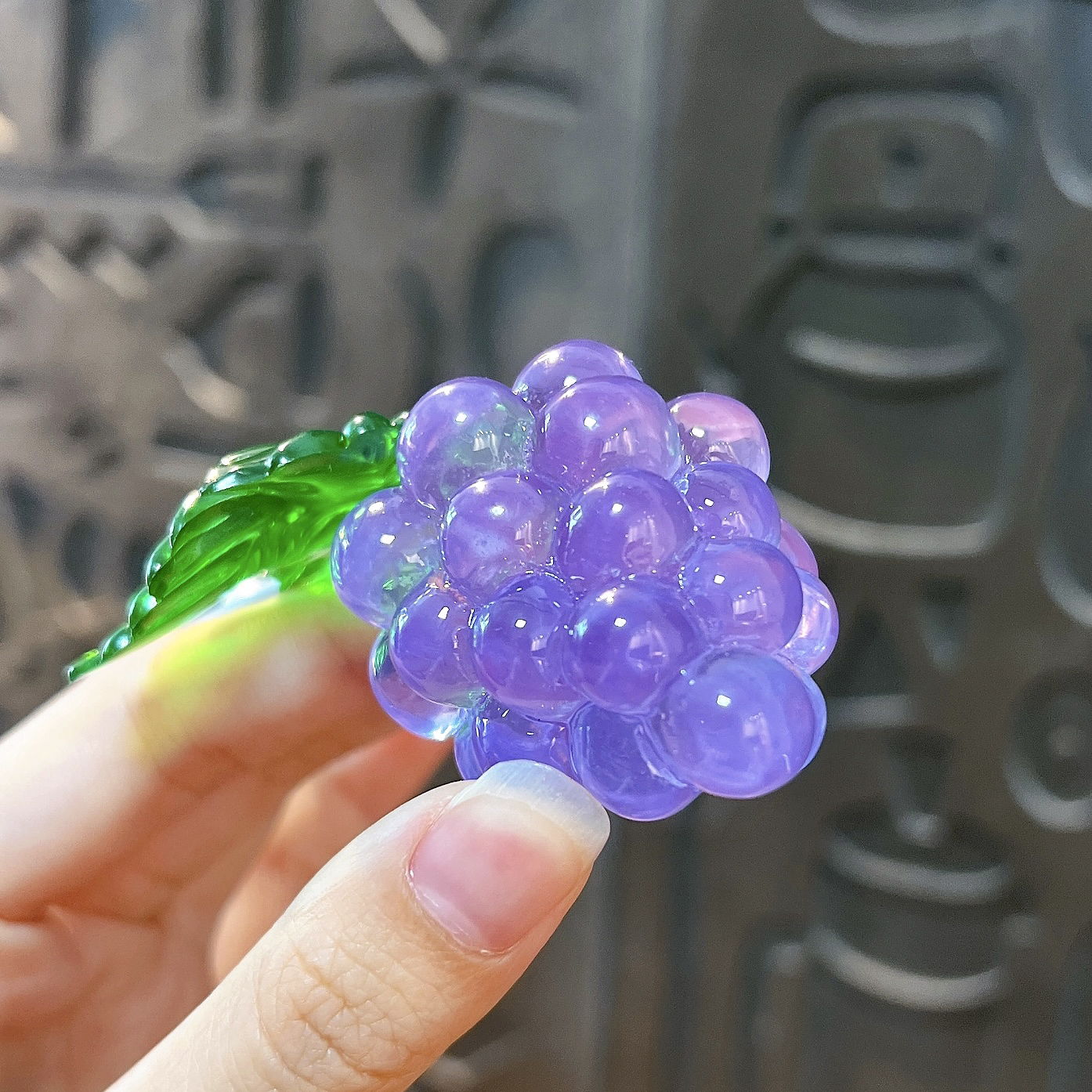Cute transparent resin grape keychain with pearl chain and heart carabiner, fruit bag charm