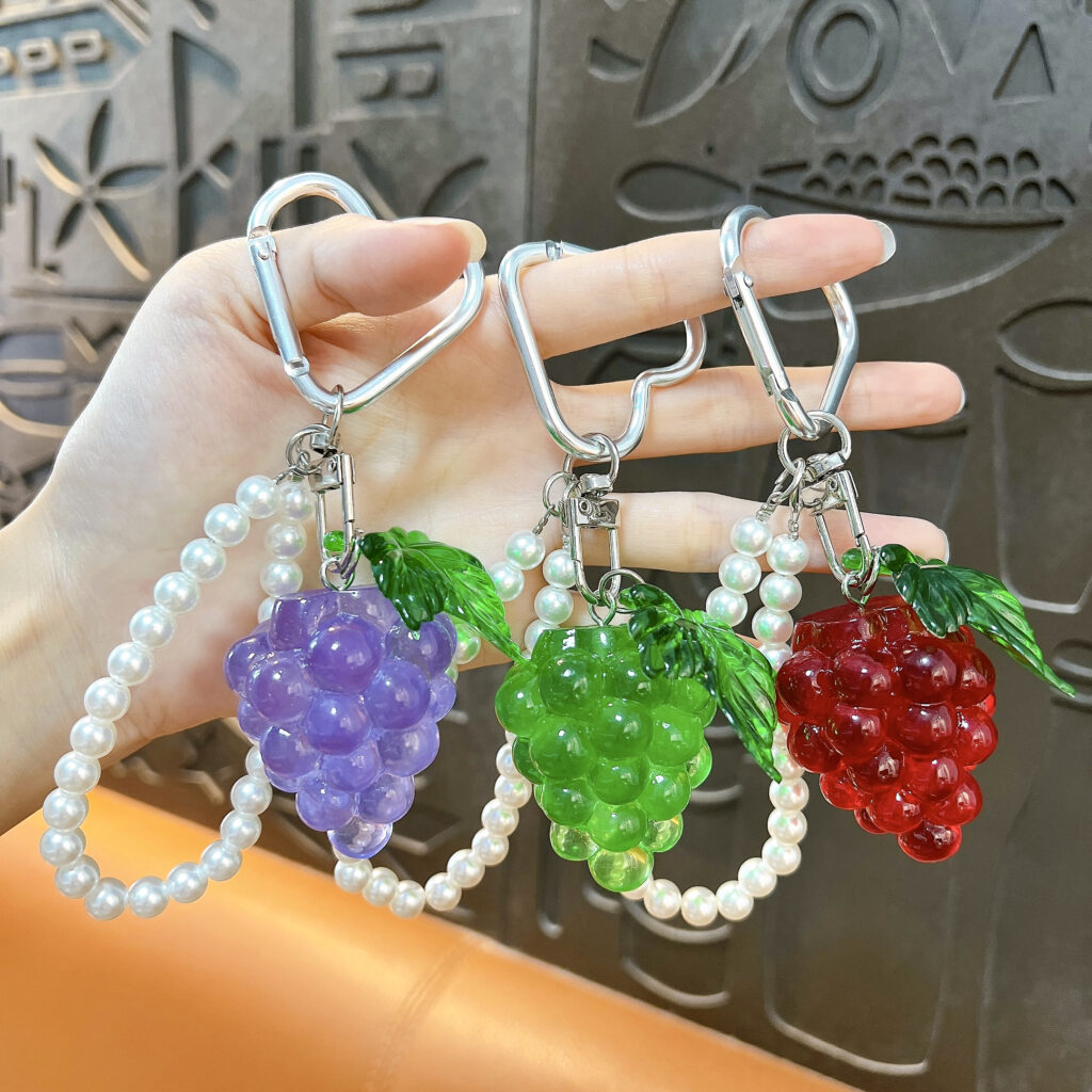 Cute transparent resin grape keychain with pearl chain and heart carabiner, fruit bag charm