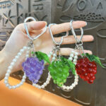 Cute transparent resin grape keychain with pearl chain and heart carabiner, fruit bag charm