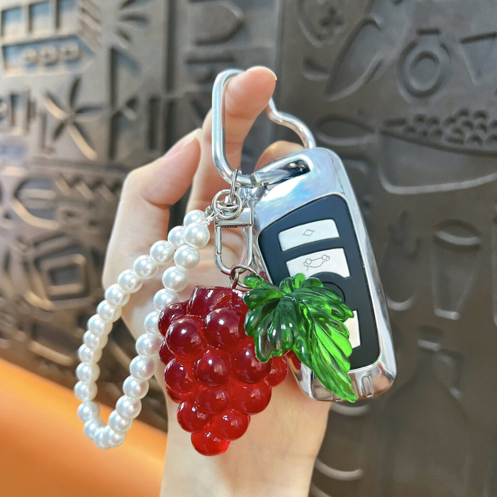 Cute transparent resin grape keychain with pearl chain and heart carabiner, fruit bag charm